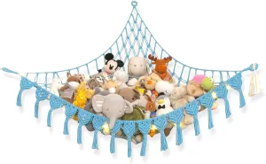 Extra Large Stuffed Animal Storage Hammock Corner with LED Lights – 25LB Capacity Hanging Toy Net for Small or Large Plushies, Boho Macrame Squishmallow, Plush Net, Blue