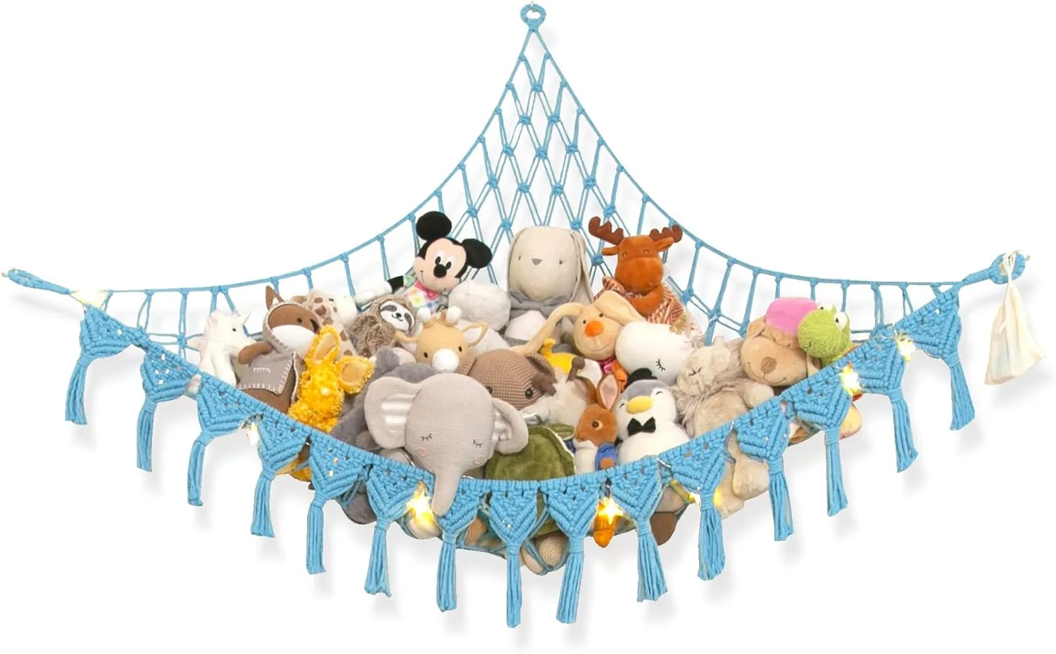 Extra Large Stuffed Animal Storage Hammock Corner with LED Lights – 25LB Capacity Hanging Toy Net for Small or Large Plushies, Boho Macrame Squishmallow, Plush Net, Blue