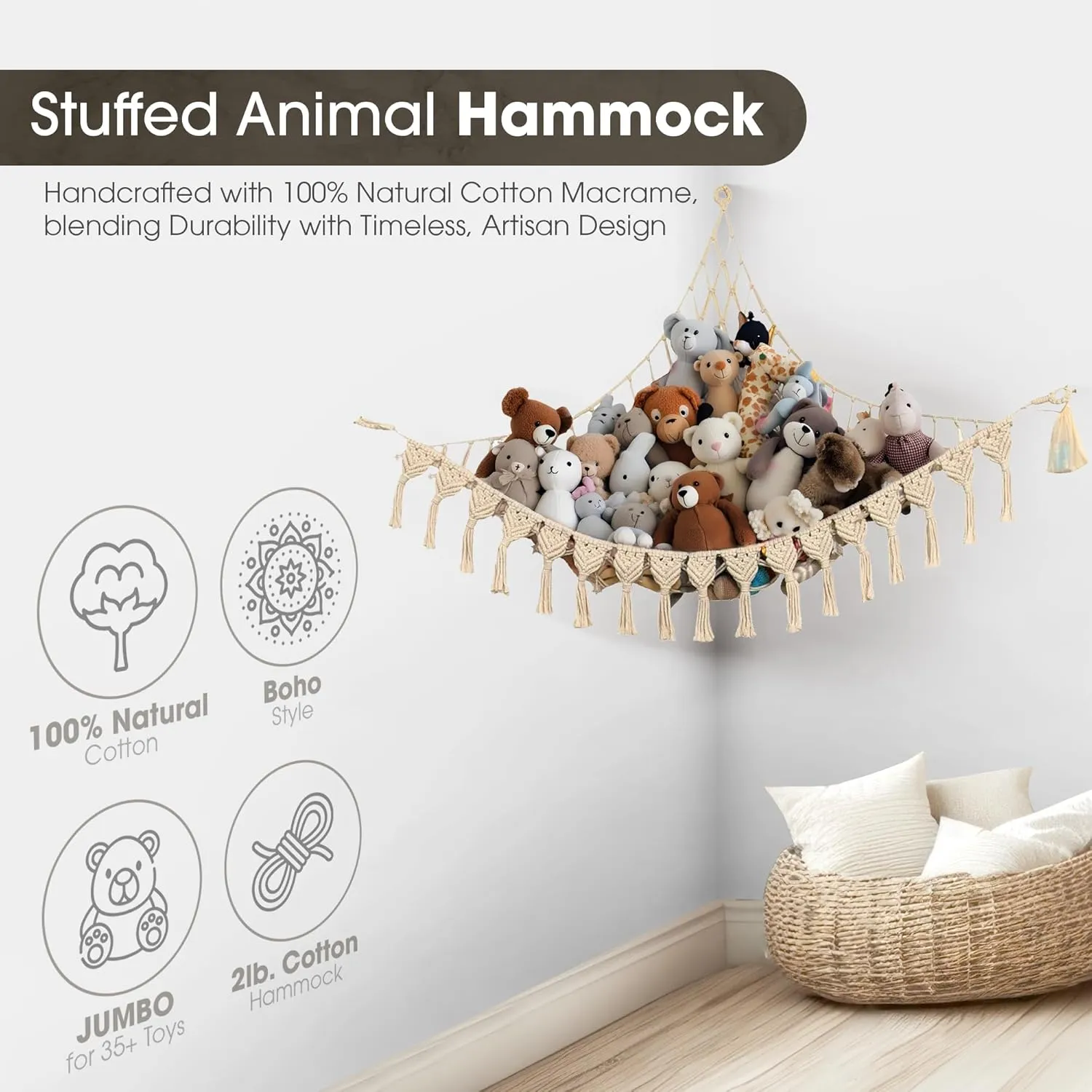 Extra Large Stuffed Animal Storage Hammock Corner with LED Lights – 25LB Capacity Hanging Toy Net for Small or Large Plushies, Boho Macrame Squishmallow, Plush Net, Blue