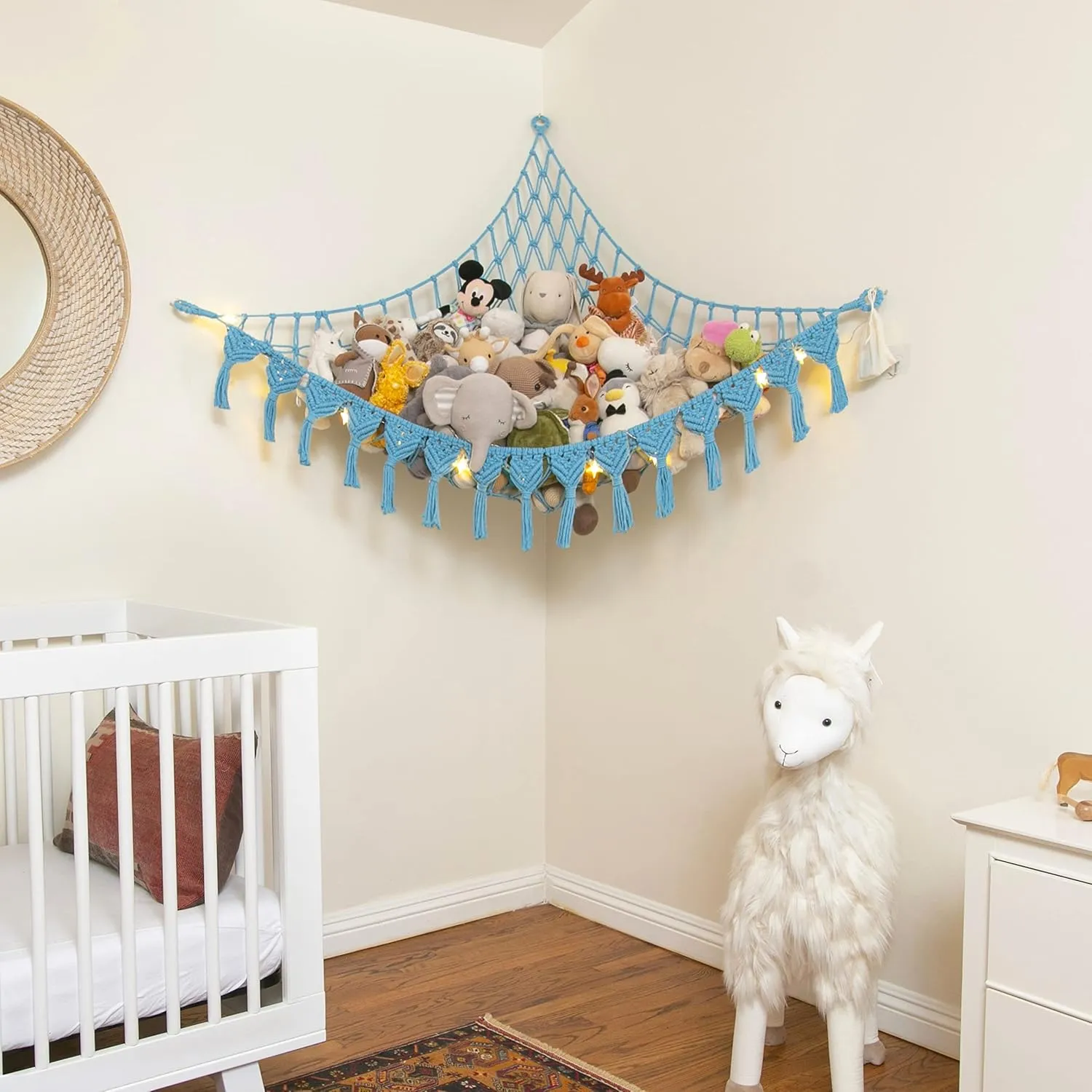 Extra Large Stuffed Animal Storage Hammock Corner with LED Lights – 25LB Capacity Hanging Toy Net for Small or Large Plushies, Boho Macrame Squishmallow, Plush Net, Blue