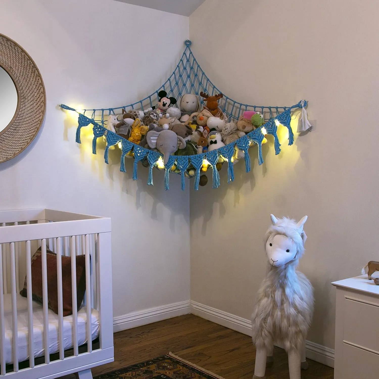 Extra Large Stuffed Animal Storage Hammock Corner with LED Lights – 25LB Capacity Hanging Toy Net for Small or Large Plushies, Boho Macrame Squishmallow, Plush Net, Blue