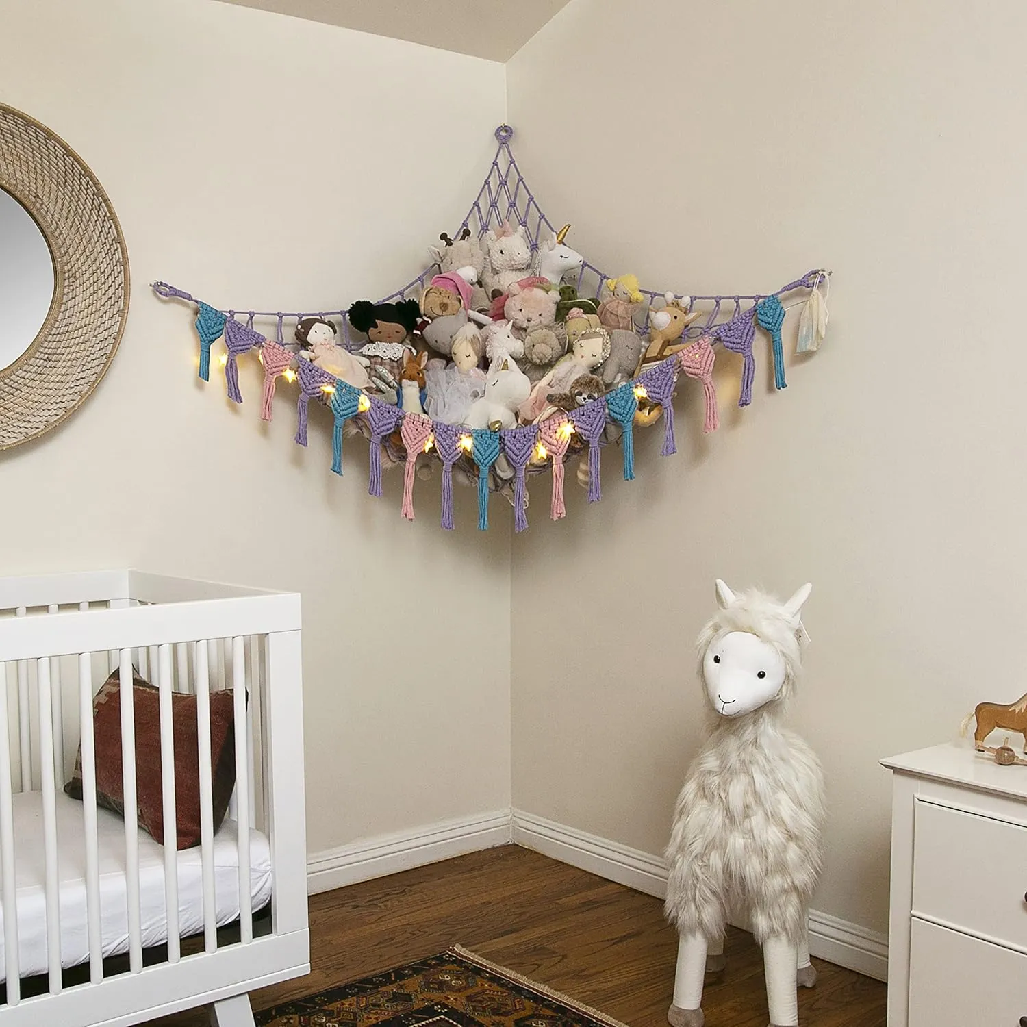 Extra Large Stuffed Animal Storage Hammock Corner with LED Lights – 25LB Capacity Hanging Toy Net for Small or Large Plushies, Boho Macrame Squishmallow, Plush Net, Purple