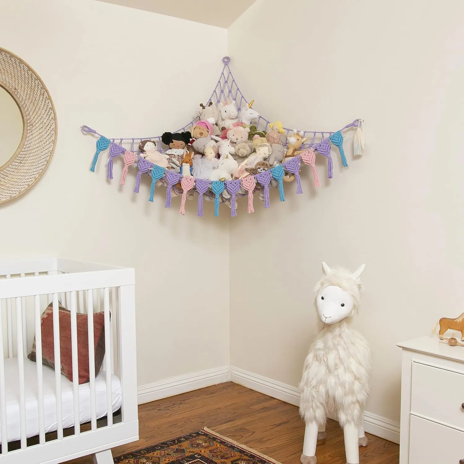 Extra Large Stuffed Animal Storage Hammock Corner with LED Lights – 25LB Capacity Hanging Toy Net for Small or Large Plushies, Boho Macrame Squishmallow, Plush Net, Purple