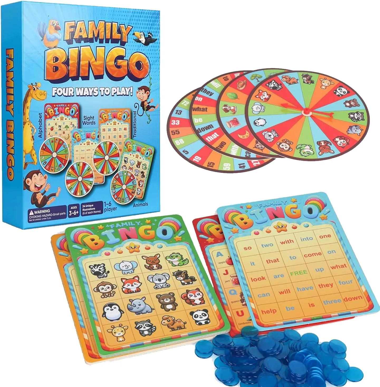 Family Bingo Game for Toddlers Ages 3  | 4-in-1 Educational Bingo Set for Kids with Numbers, Sight Word, Letters & Animals | Family-Friendly Board Game for Learning & Fun | 2-4 Players