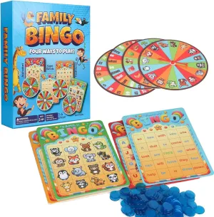 Family Bingo Game for Toddlers Ages 3  | 4-in-1 Educational Bingo Set for Kids with Numbers, Sight Word, Letters & Animals | Family-Friendly Board Game for Learning & Fun | 2-4 Players