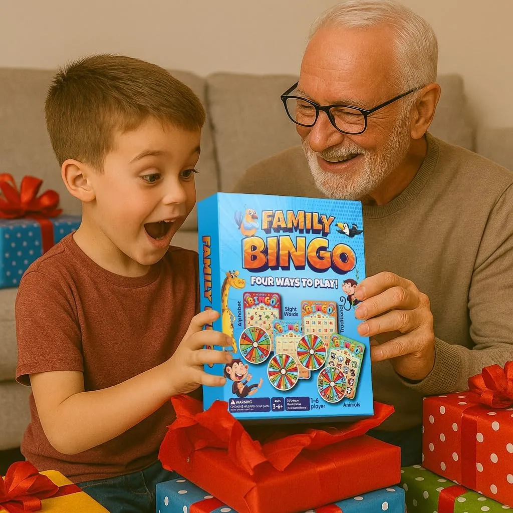 Family Bingo Game for Toddlers Ages 3  | 4-in-1 Educational Bingo Set for Kids with Numbers, Sight Word, Letters & Animals | Family-Friendly Board Game for Learning & Fun | 2-4 Players