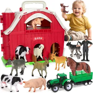 Farm Animals Toys for 1 2 3 4 5 Year Old Toddlers Girls Boys, Big Red Barn Farm Playset with Figures Animals and Tractor Toys for Kids 3-5, Educational Learning Toys, Christmas Birthday Easter Gifts