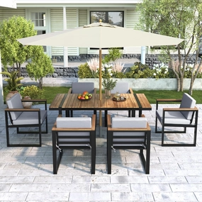 FAROUCHE 7 Pieces Outdoor Dining Set, Patio Dining Table and Chair Set with Cushions, 6 Chairs & 1 Table with Umbrella Hole, Modern Luxury Patio Furniture Set for Patio, Backyard, Garden, Grey