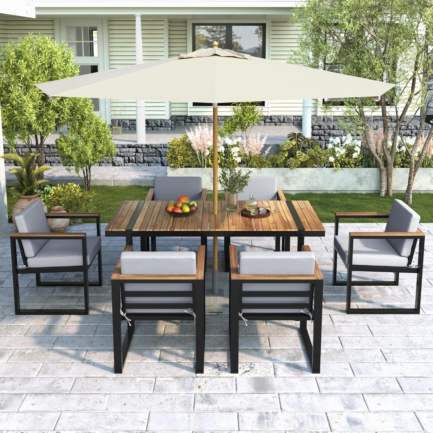FAROUCHE 7 Pieces Outdoor Dining Set, Patio Dining Table and Chair Set with Cushions, 6 Chairs & 1 Table with Umbrella Hole, Modern Luxury Patio Furniture Set for Patio, Backyard, Garden, Grey