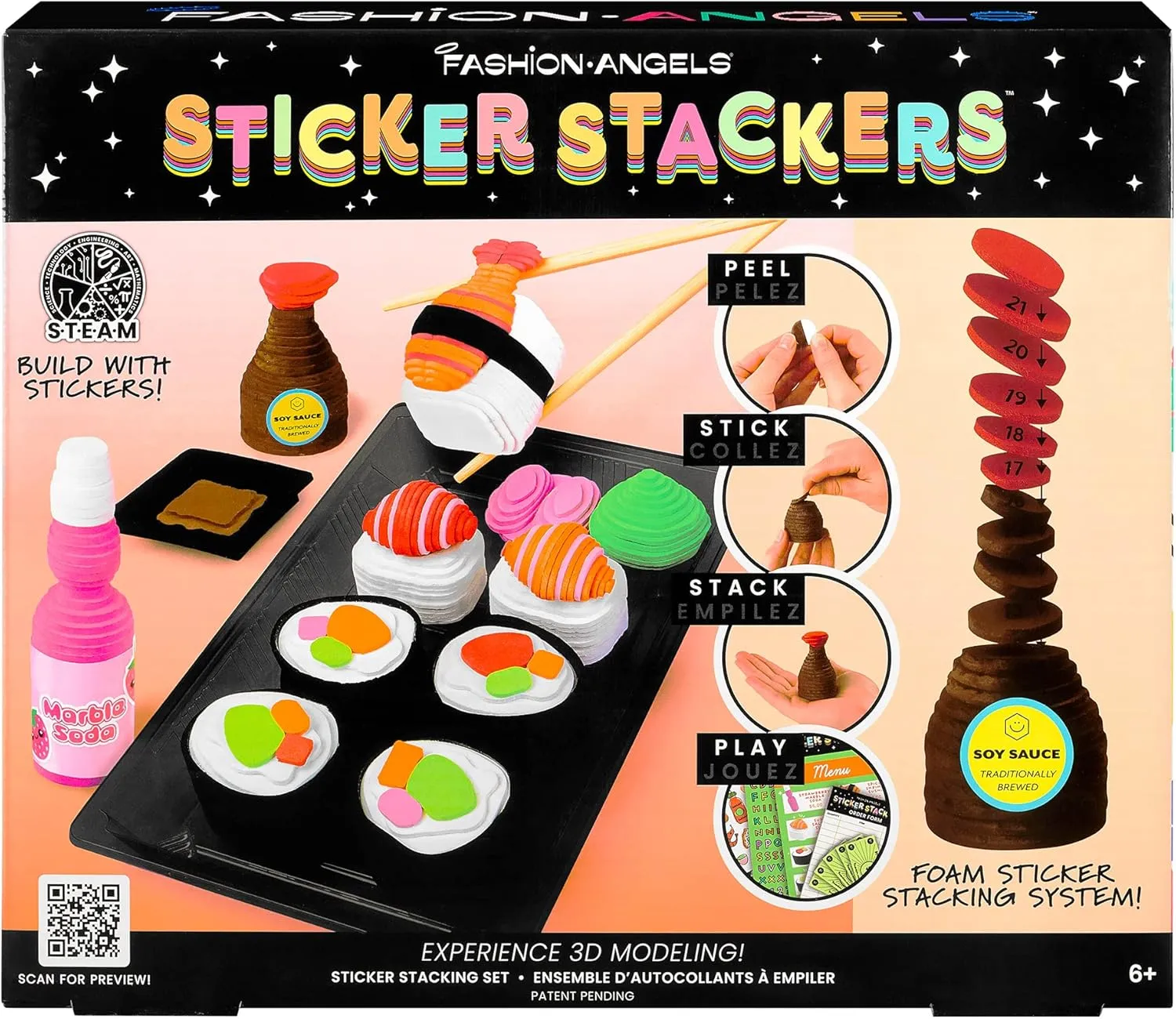 Fashion Angels Sushi Sticker Stackers, Foam Sticker Stacking Set with 3D Modeling, Includes Play & Pretend Food Stackable Stickers, Craft Activity Kit for Kids