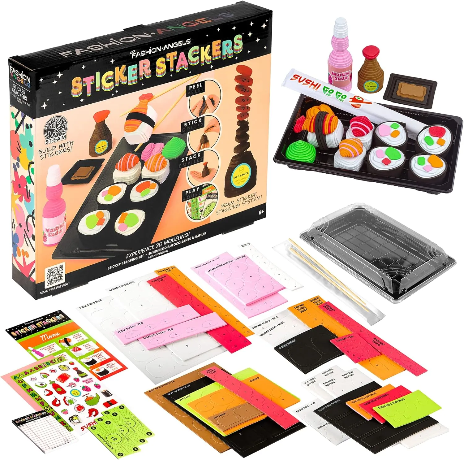 Fashion Angels Sushi Sticker Stackers, Foam Sticker Stacking Set with 3D Modeling, Includes Play & Pretend Food Stackable Stickers, Craft Activity Kit for Kids