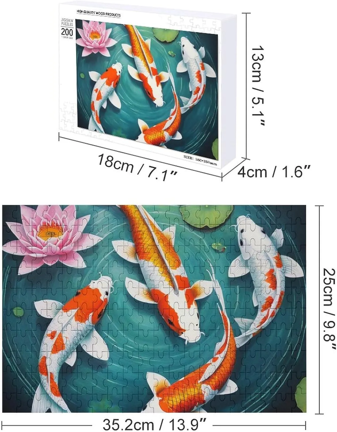 Fashion Wooden Puzzle for Adults, Awesome Japanese Koifish Fish Art 200 Piece Puzzles, Family Game, 13.9×9.8 Inches