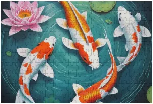 Fashion Wooden Puzzle for Adults, Awesome Japanese Koifish Fish Art 200 Piece Puzzles, Family Game, 13.9×9.8 Inches