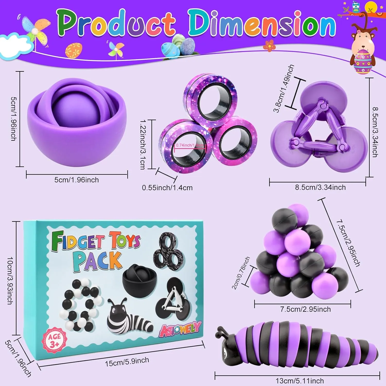 Fidget Toys Kids Pack, Autism Sensory Toys Set for Adults, Fidget Spinner Slug Magnetic Rings, Cool Gadget for Men Boys Teens ADHD Stress Relief Desk Toy Easter Basket Stuffers Gift Idea