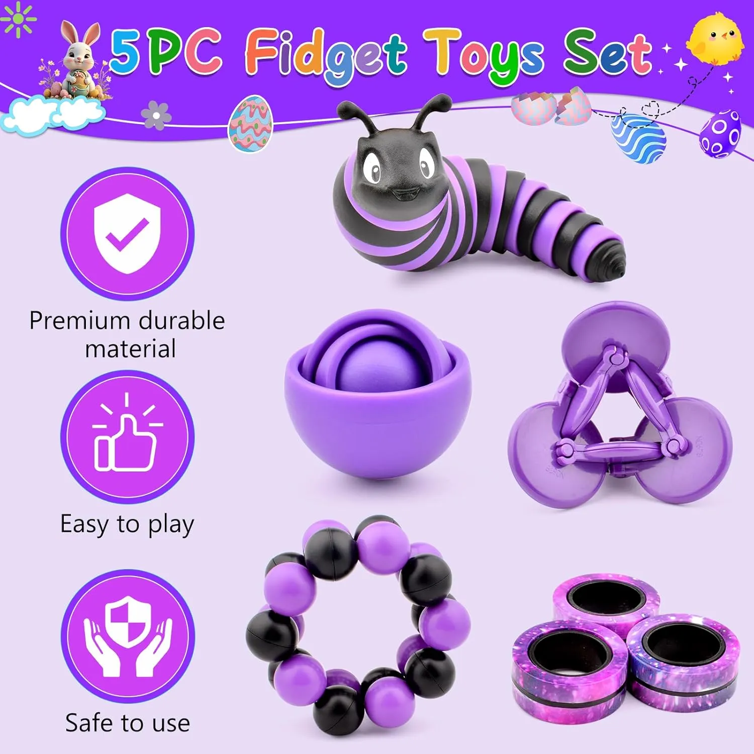 Fidget Toys Kids Pack, Autism Sensory Toys Set for Adults, Fidget Spinner Slug Magnetic Rings, Cool Gadget for Men Boys Teens ADHD Stress Relief Desk Toy Easter Basket Stuffers Gift Idea