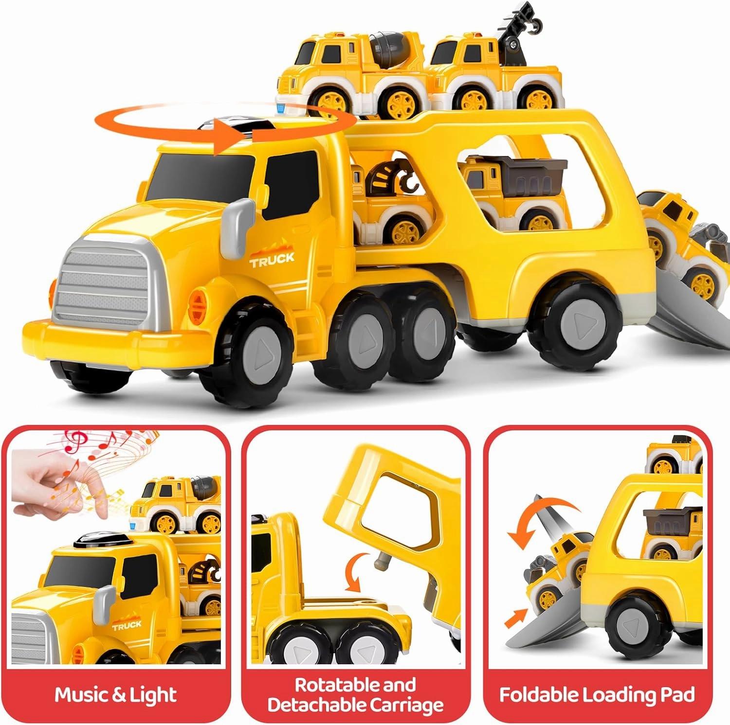 Fire Truck Toy Cars - Boy Toys for 3-5 Year Old Toddlers, 8 in 1 Carrier Truck with Pull-Back Toy Cars and Planes, Christmas Birthday Gifts for 3 4 5 6 7 Years Old Kids (Yellow)