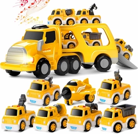 Fire Truck Toy Cars - Boy Toys for 3-5 Year Old Toddlers, 8 in 1 Carrier Truck with Pull-Back Toy Cars and Planes, Christmas Birthday Gifts for 3 4 5 6 7 Years Old Kids (Yellow)