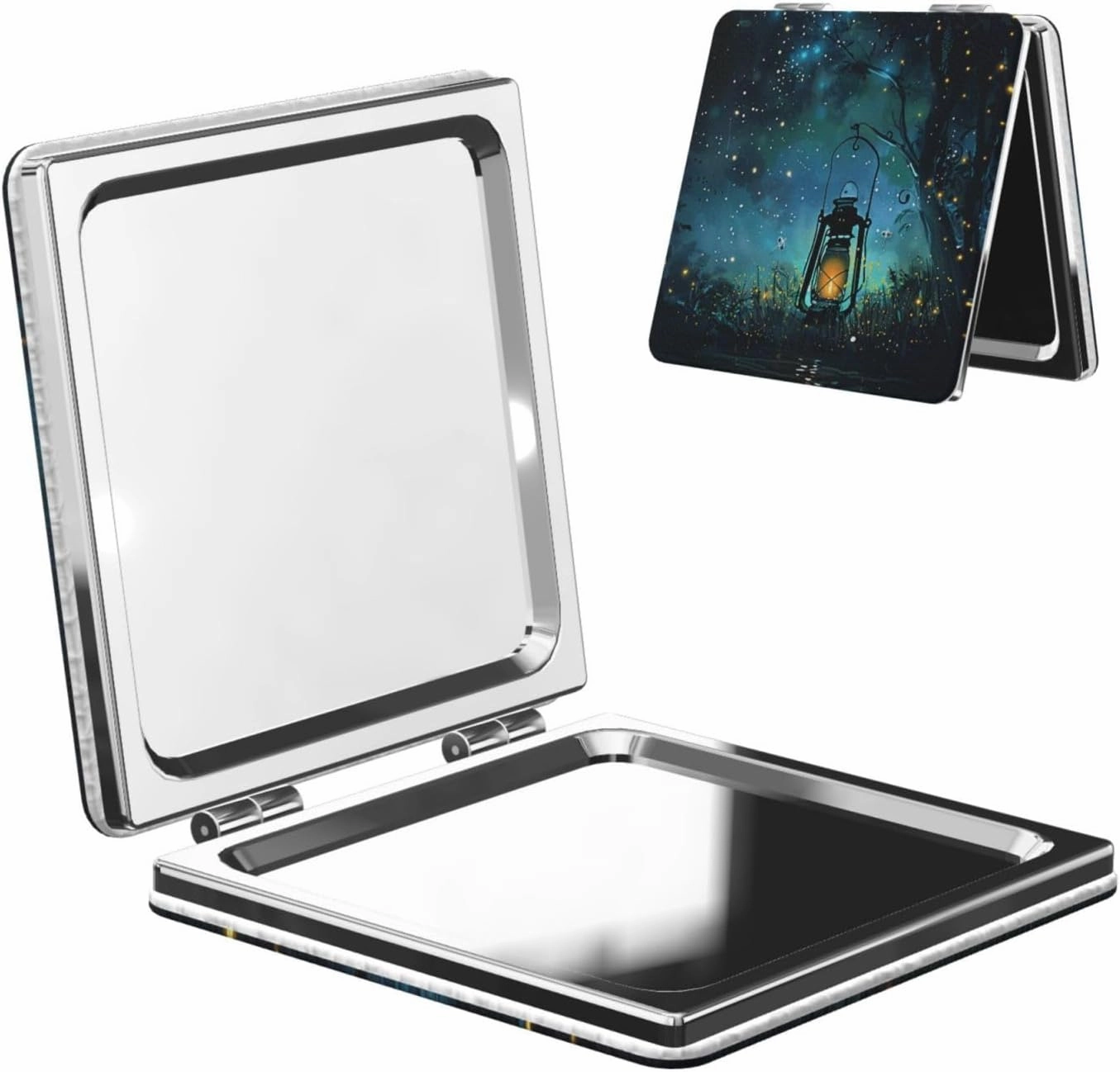 Fireflies and Lantern Printed Square Pocket Makeup Mirror with 1X/2X Magnification, Portable Mini Travel Makeup Mirror for Travel Daily Work Beauty