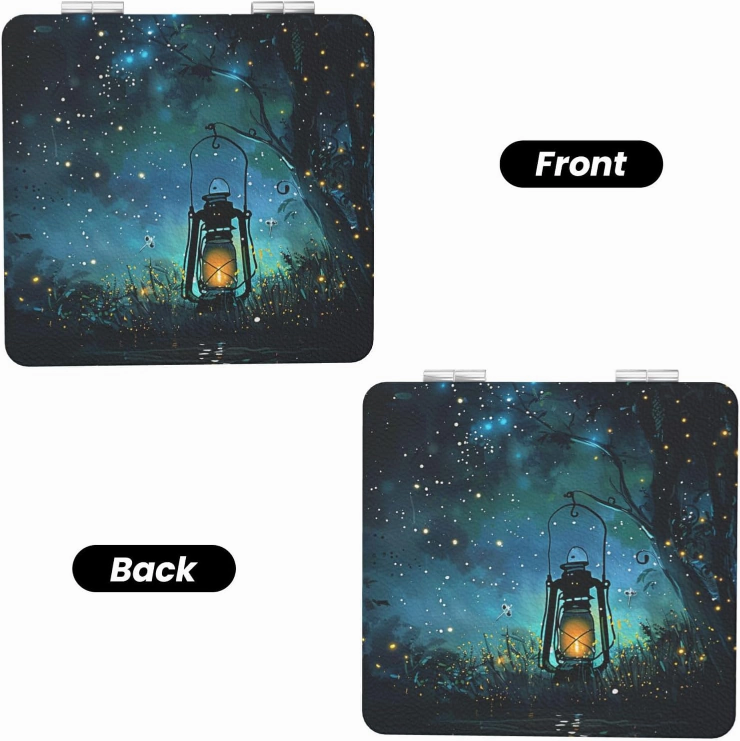 Fireflies and Lantern Printed Square Pocket Makeup Mirror with 1X/2X Magnification, Portable Mini Travel Makeup Mirror for Travel Daily Work Beauty