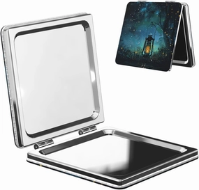 Fireflies and Lantern Printed Square Pocket Makeup Mirror with 1X/2X Magnification, Portable Mini Travel Makeup Mirror for Travel Daily Work Beauty