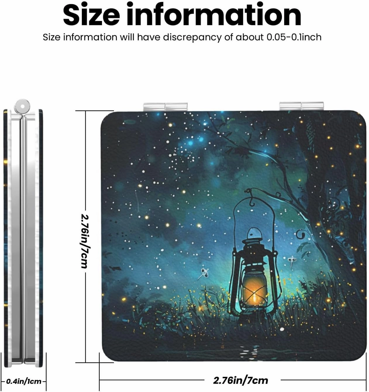 Fireflies and Lantern Printed Square Pocket Makeup Mirror with 1X/2X Magnification, Portable Mini Travel Makeup Mirror for Travel Daily Work Beauty