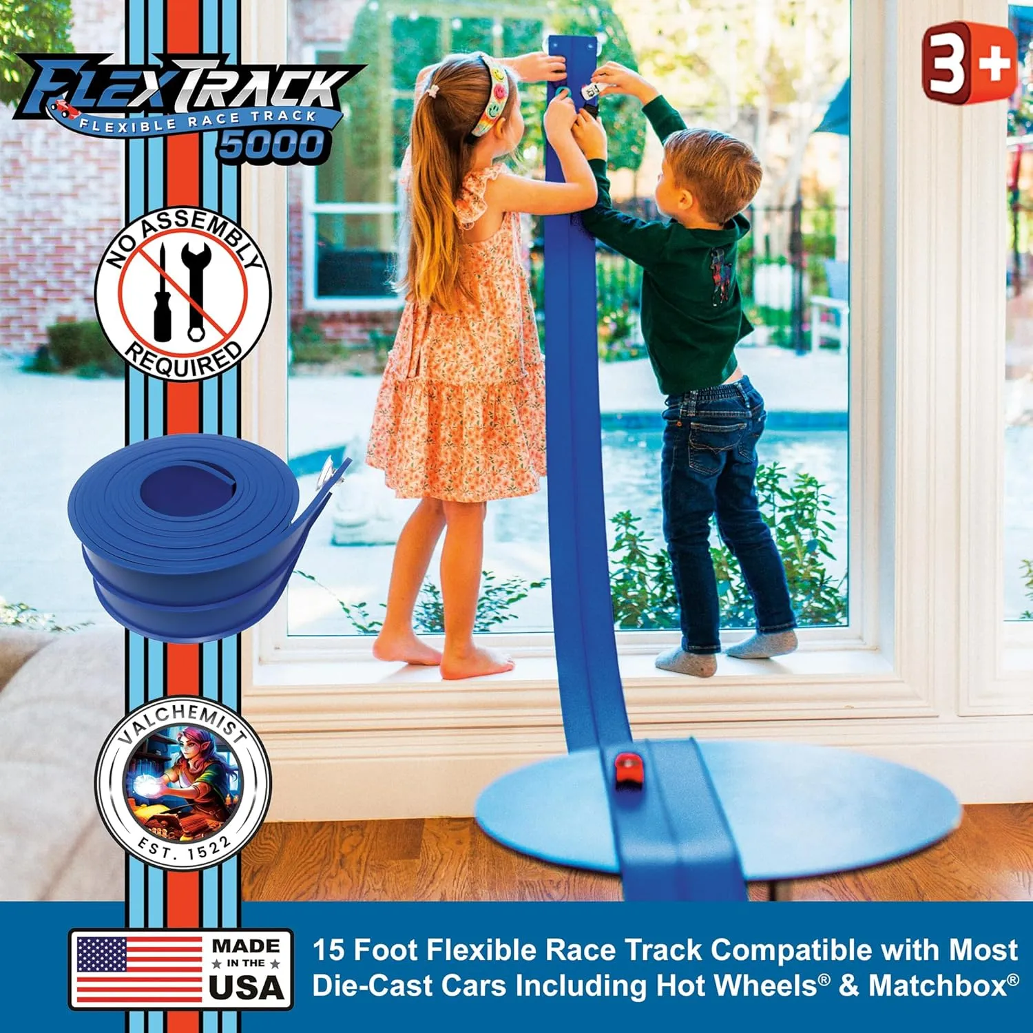 FlexTrack 5000 Blue Track for Toy Cars Flexible Race Track for Kids with Suction Cups Compatible with Hot Wheels Matchbox and Diecast 1/64th Car 15 Feet Long Rolls Up Portable Racetrack