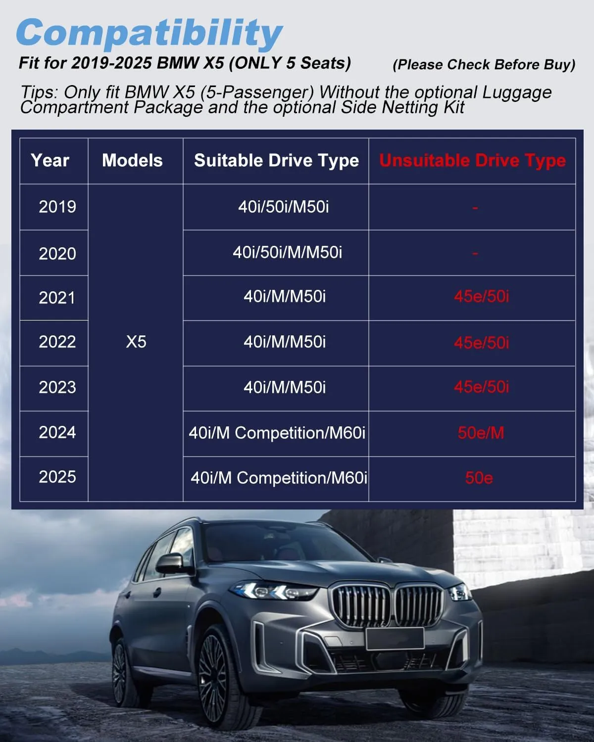 Floor Mats & Cargo Liner compatible with BMW X5 2026 2025 2024-2019 ONLY 5 Seats (Non 45e/50e & 7-Seats Models) | All Weather TPE Floor Mats for 2019-2025 2026 X5 G05 Accessories Anti-Slip Trunk Liner