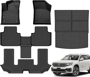 Floor Mats & Cargo Mat Custom for Volkswagen Atlas 6 Seats Bucket Seating 2024-2018 All Weather Protection Waterproof TPE Rubber Car Floor Liners Full Set