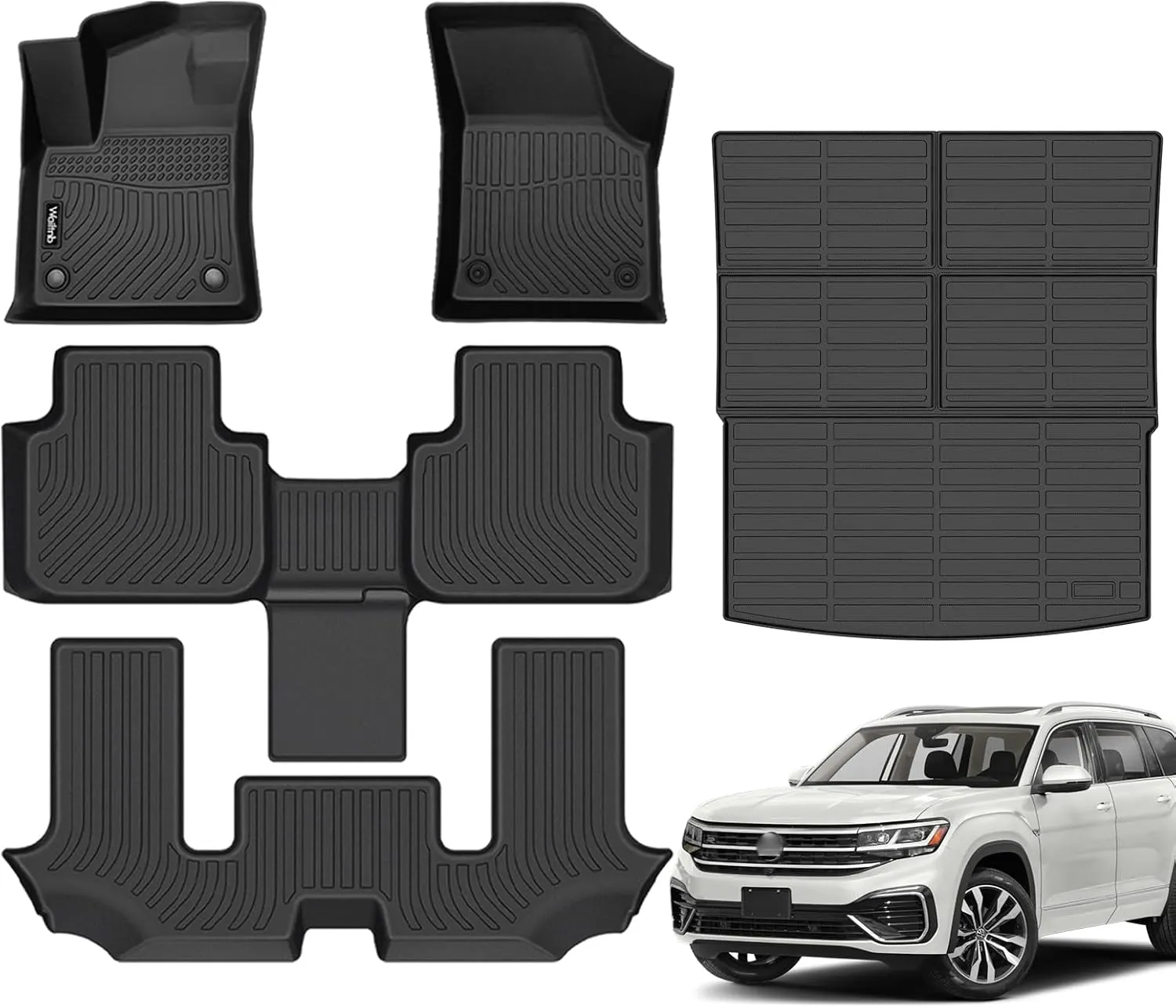 Floor Mats & Cargo Mat Custom for Volkswagen Atlas 6 Seats Bucket Seating 2024-2018 All Weather Protection Waterproof TPE Rubber Car Floor Liners Full Set