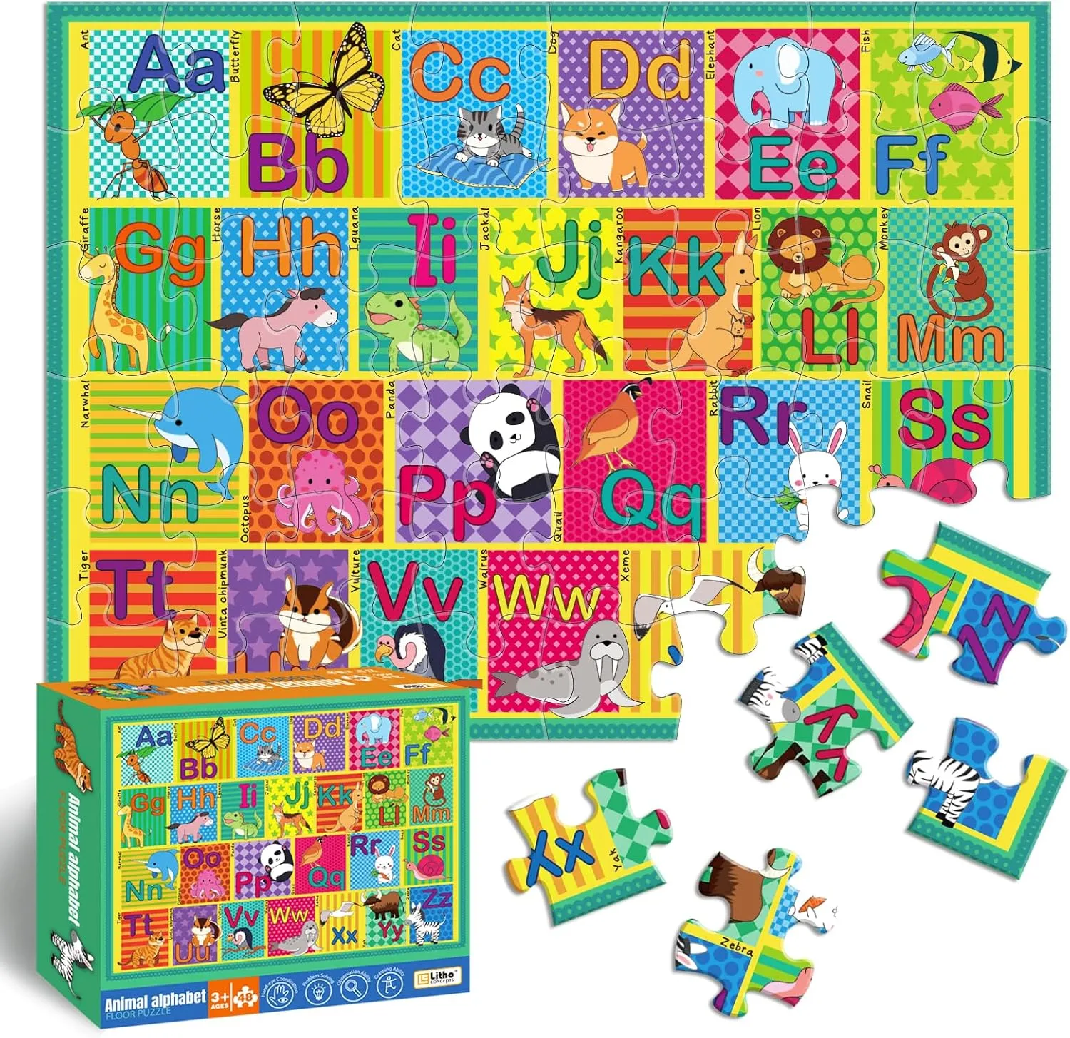 Floor Puzzle for Kids,48 Pcs Animal Letter A-Z Alphabet Puzzle,Vivid Animal Design Letter Games for Preschoolers,Learning Educational Toys for Boys and Girls,Floor Puzzles for Toddlers 3 and up