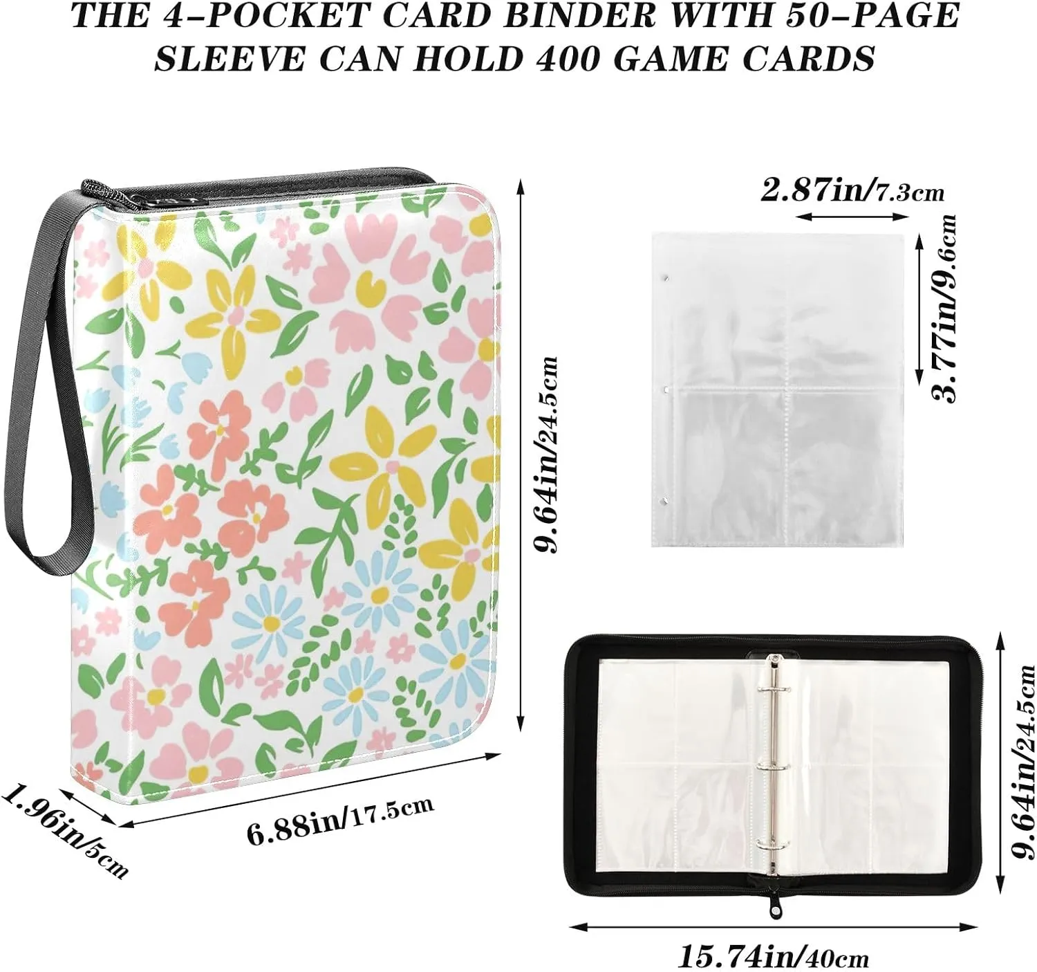 Floral Colorful Card Binders 4 Pocket Trading Card Storage 400 Cards Capacity Four Pocket Binder