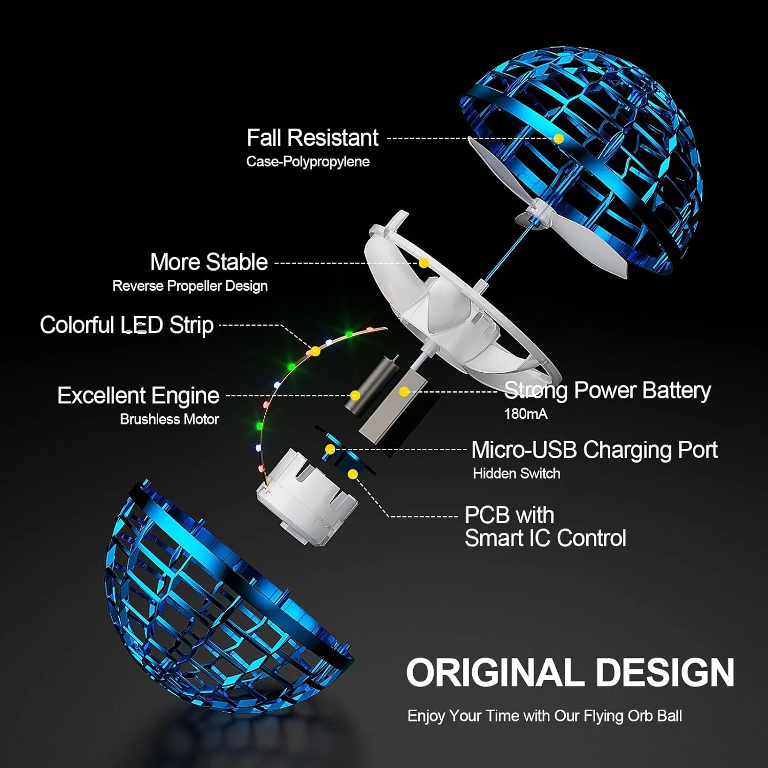 Flying Ball Toys 2024 Upgraded Hand Controlled Flying Orb RGB Led Lights Boomerang Spinner 360°Rotating Soaring UFO Mini Drone Toy Safe for Kids Adults(Blue)