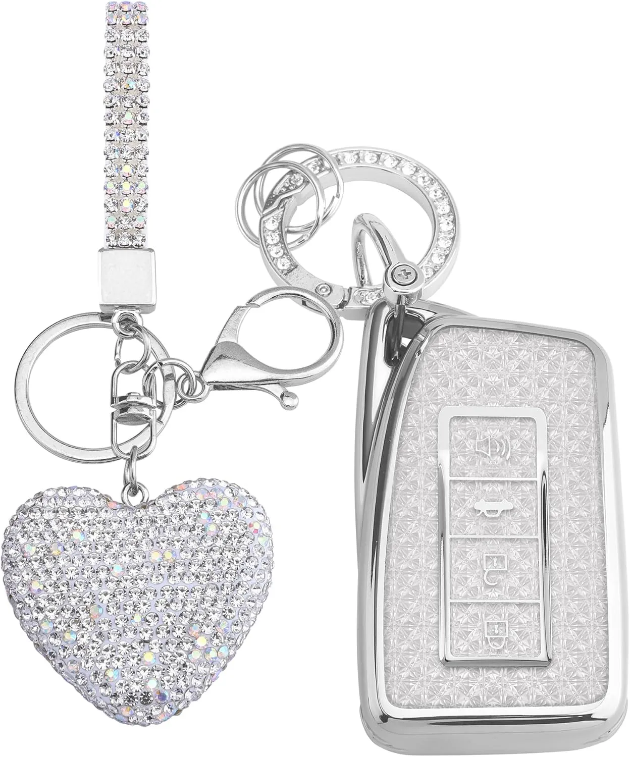 for Lexus Key fob Cover with Diamond Heart Keychain, Car Accessories TPU for Lexus RX ES GS LS NX RS GX LX RC LC Smart Key, Silver Clear