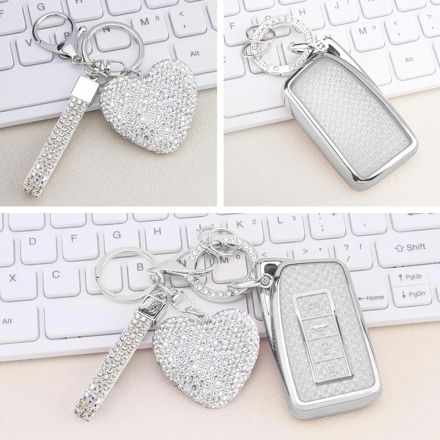 for Lexus Key fob Cover with Diamond Heart Keychain, Car Accessories TPU for Lexus RX ES GS LS NX RS GX LX RC LC Smart Key, Silver Clear