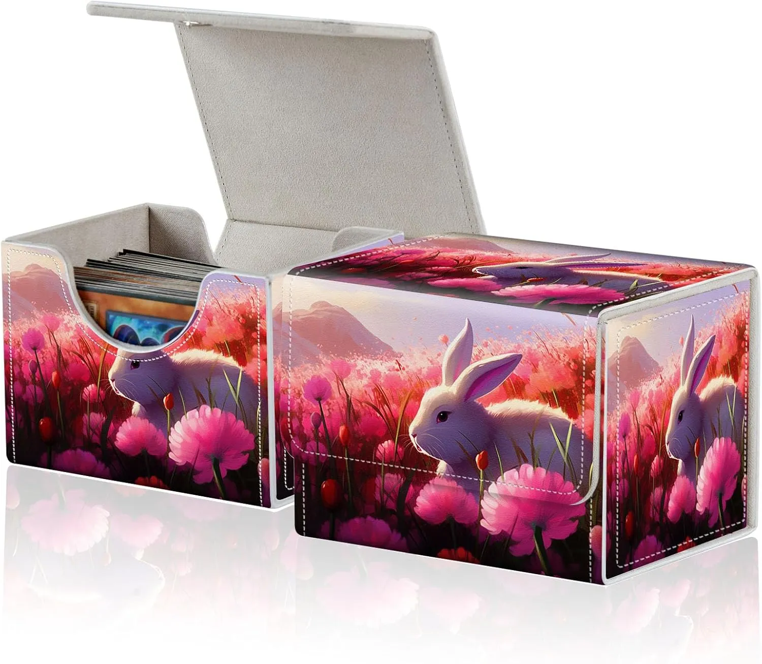 for MTG Commander Deck Box,Card Deck Box for Trading Yugioh MTG,Fits 100 Double Sleeved Cards,PU Leather Strong Magnet Case for Magic Commander TCG CCG,White Bunny Pink
