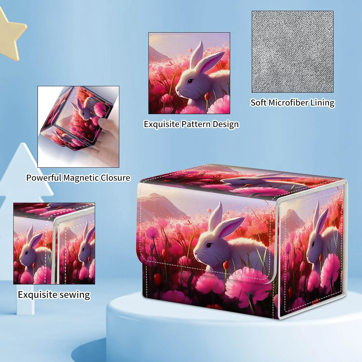 for MTG Commander Deck Box,Card Deck Box for Trading Yugioh MTG,Fits 100 Double Sleeved Cards,PU Leather Strong Magnet Case for Magic Commander TCG CCG,White Bunny Pink