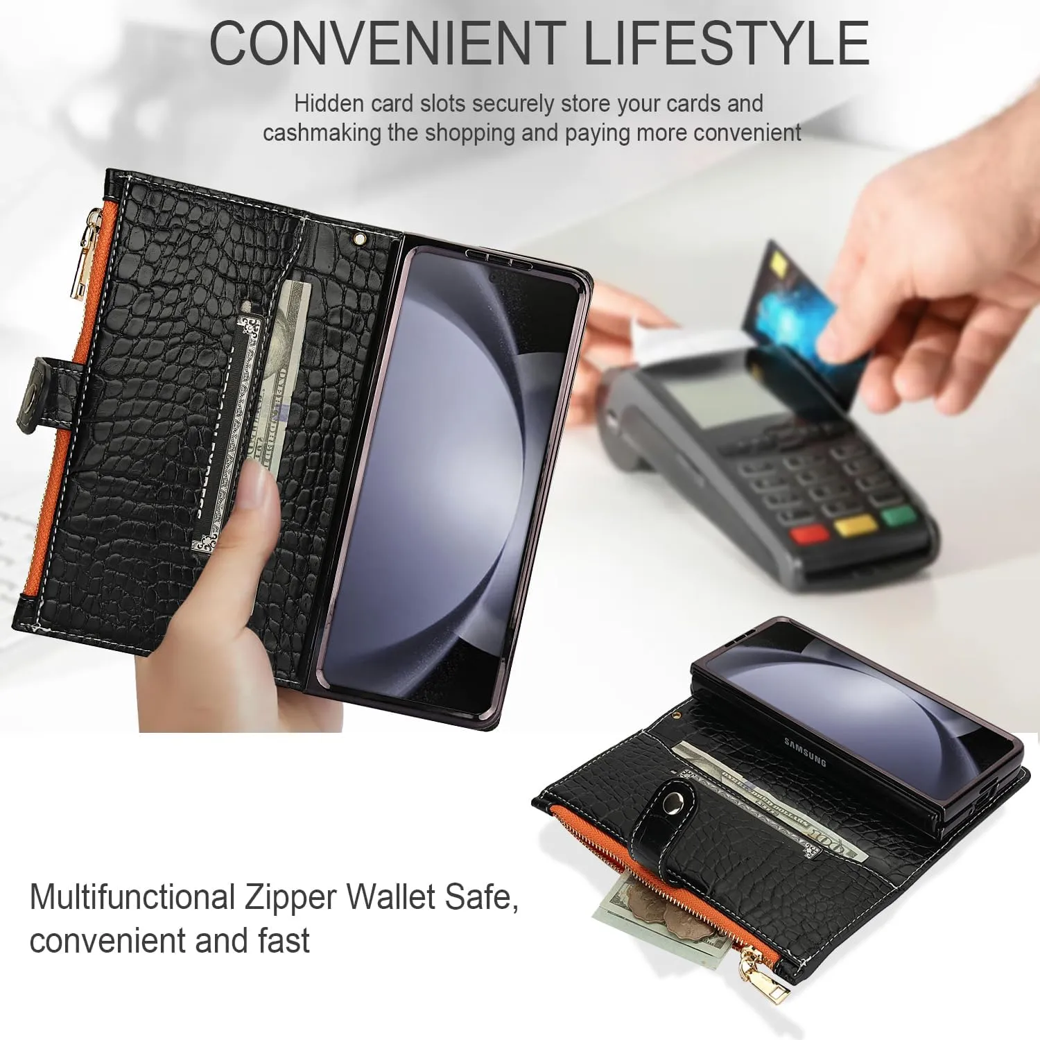for Samsung Galaxy Z Fold 6 Wrist Strap Zipper Case with Card Slot and Cash Compartment,RFID Protection Built-in Screen Protector and Crocodile Leather for Elegant. Black