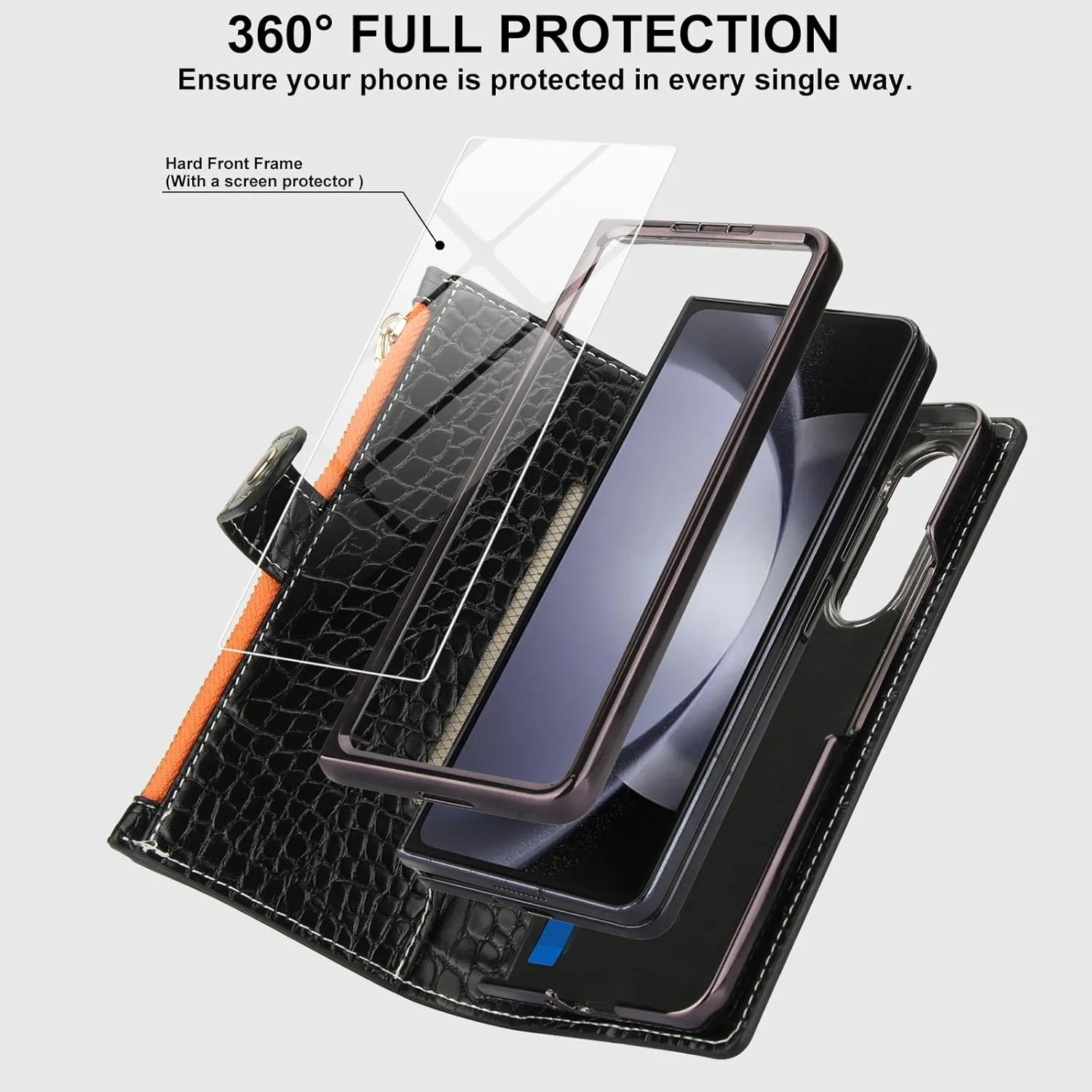 for Samsung Galaxy Z Fold 6 Wrist Strap Zipper Case with Card Slot and Cash Compartment,RFID Protection Built-in Screen Protector and Crocodile Leather for Elegant. Black