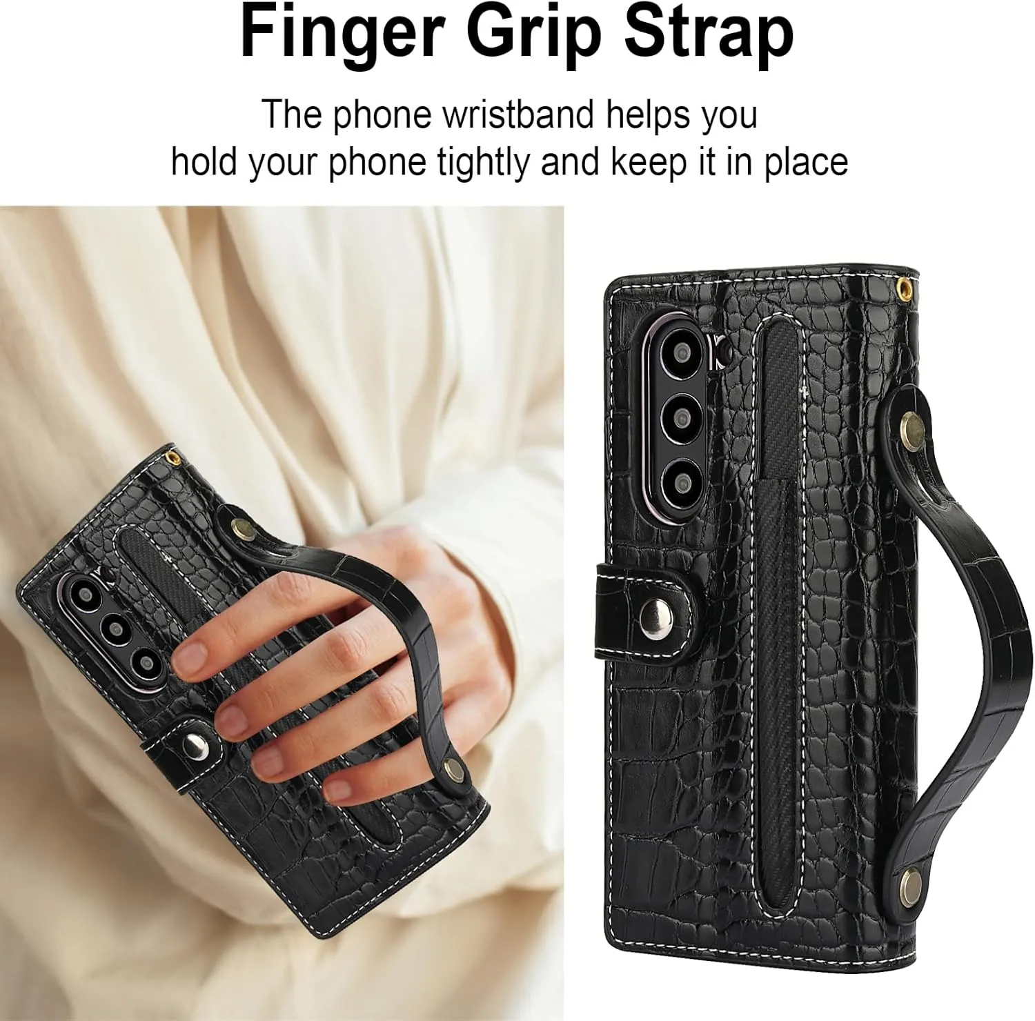 for Samsung Galaxy Z Fold 6 Wrist Strap Zipper Case with Card Slot and Cash Compartment,RFID Protection Built-in Screen Protector and Crocodile Leather for Elegant. Black