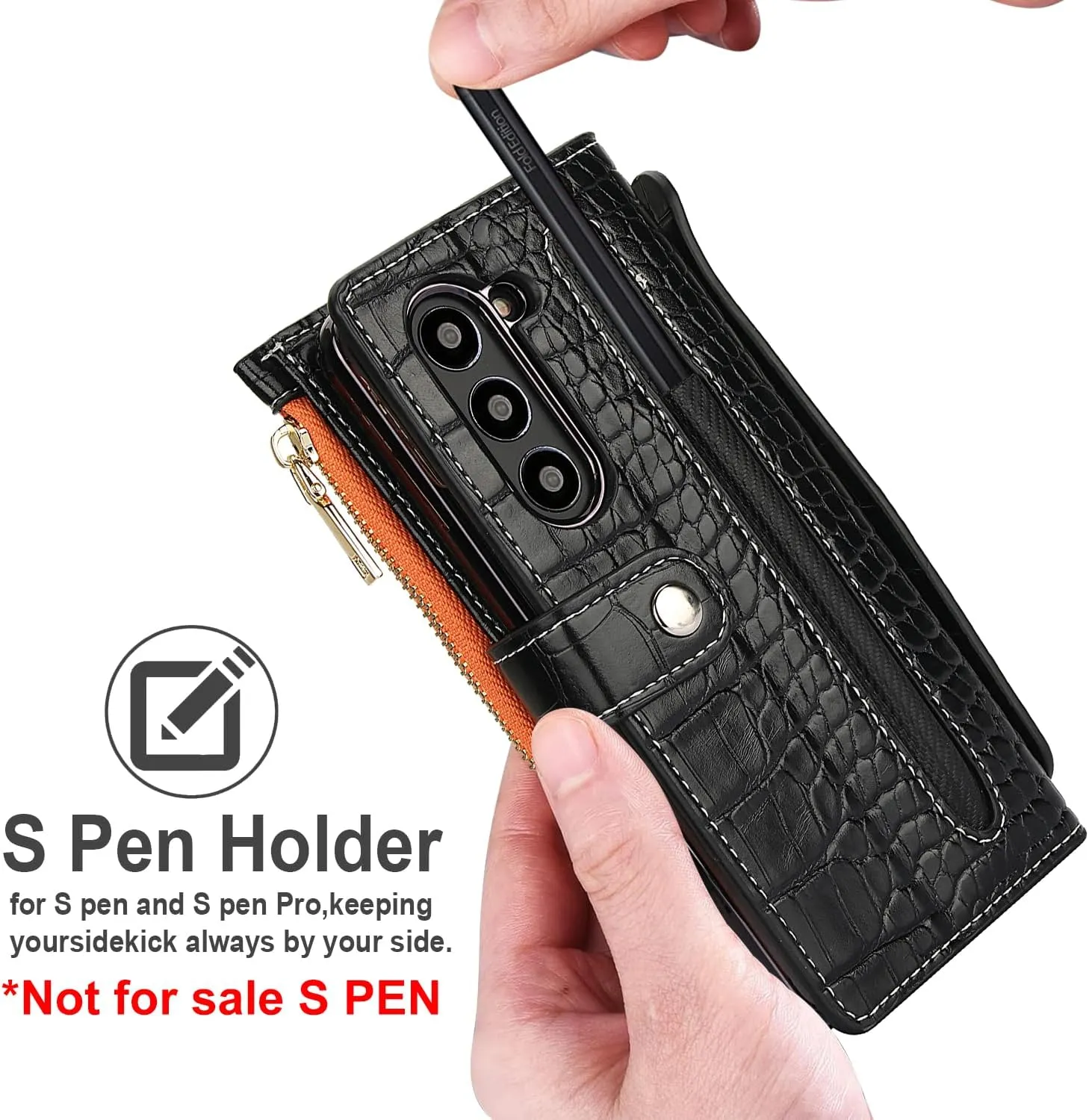 for Samsung Galaxy Z Fold 6 Wrist Strap Zipper Case with Card Slot and Cash Compartment,RFID Protection Built-in Screen Protector and Crocodile Leather for Elegant. Black