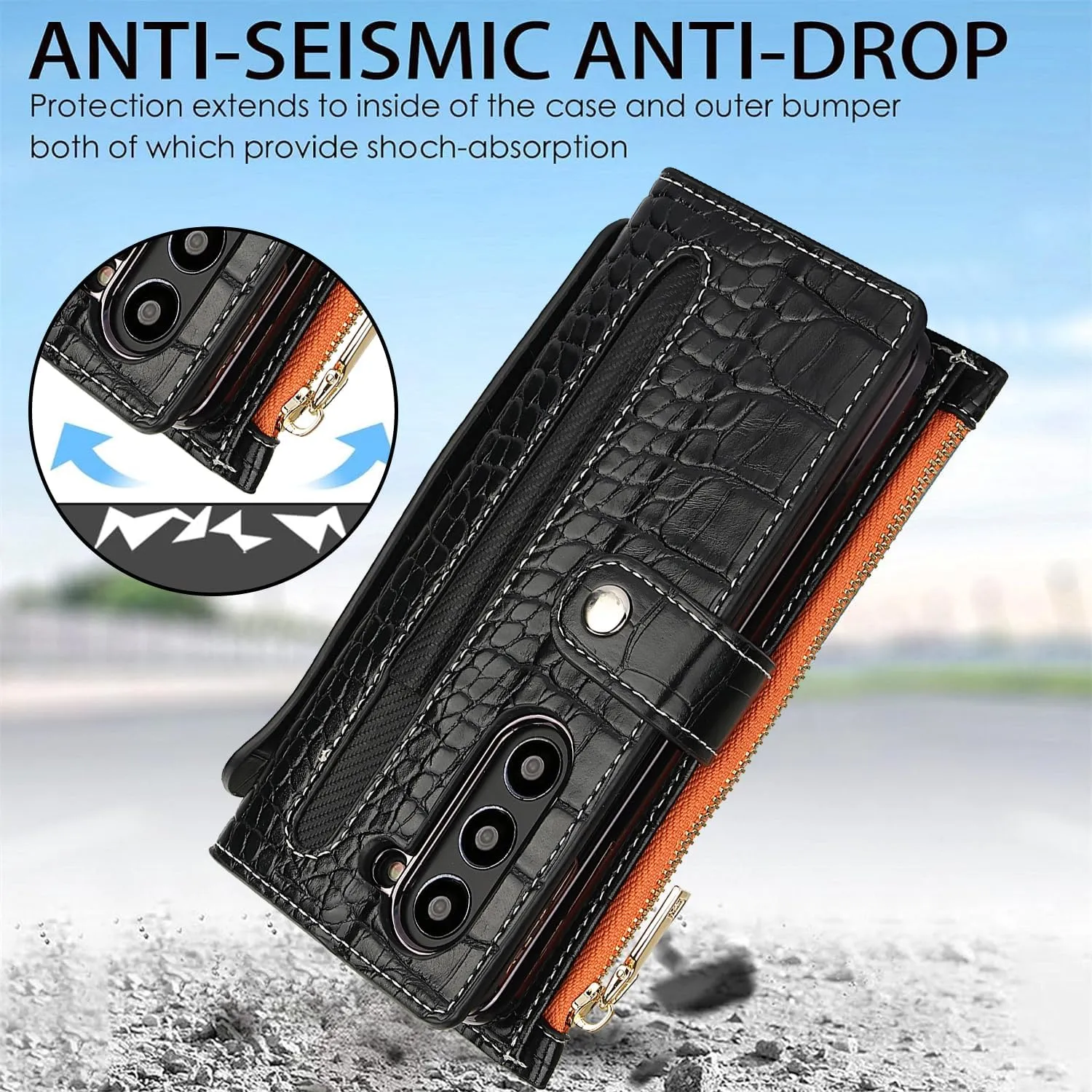 for Samsung Galaxy Z Fold 6 Wrist Strap Zipper Case with Card Slot and Cash Compartment,RFID Protection Built-in Screen Protector and Crocodile Leather for Elegant. Black