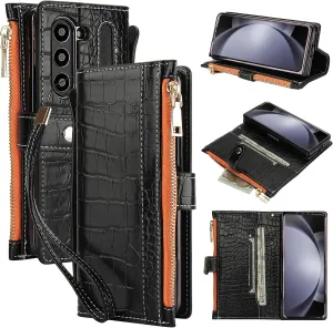 for Samsung Galaxy Z Fold 6 Wrist Strap Zipper Case with Card Slot and Cash Compartment,RFID Protection Built-in Screen Protector and Crocodile Leather for Elegant. Black