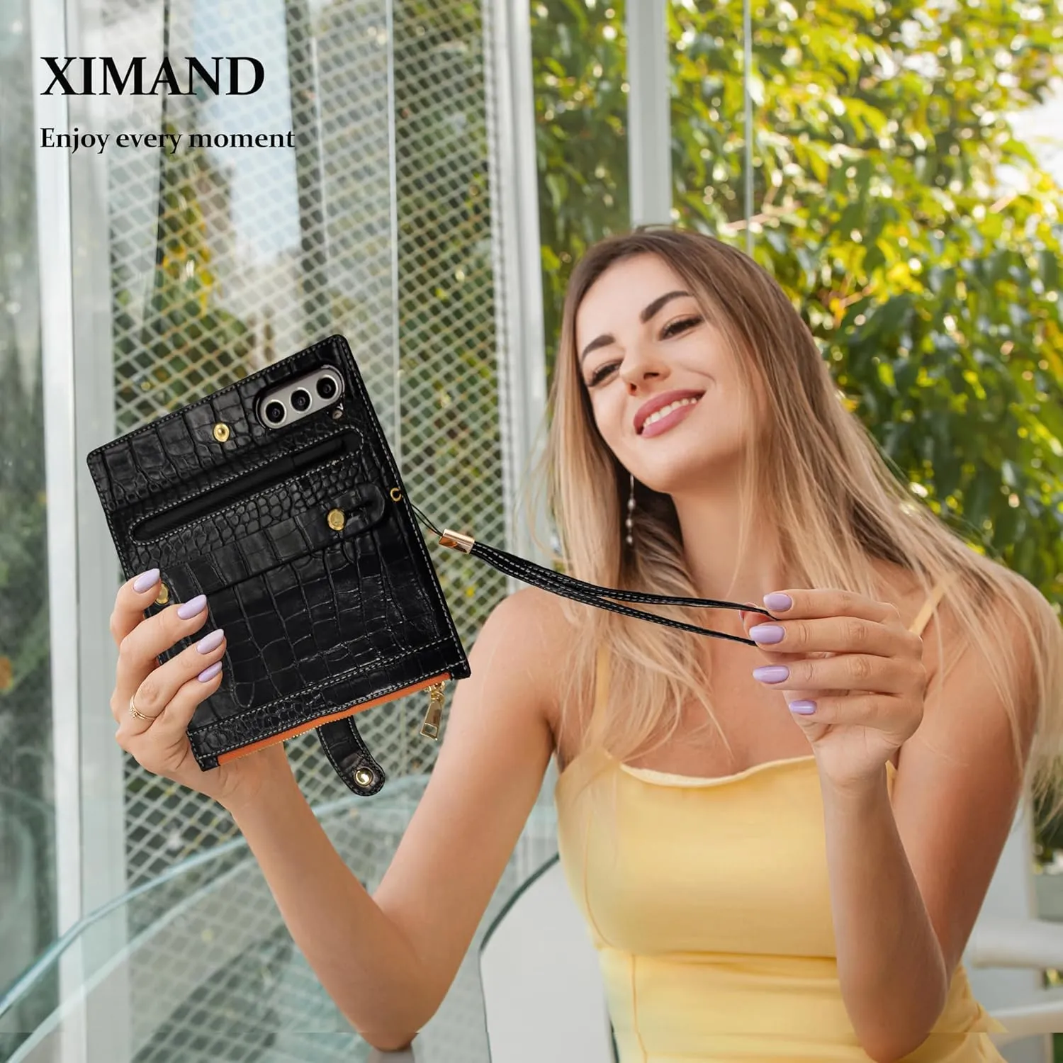 for Samsung Galaxy Z Fold 6 Wrist Strap Zipper Case with Card Slot and Cash Compartment,RFID Protection Built-in Screen Protector and Crocodile Leather for Elegant. Black
