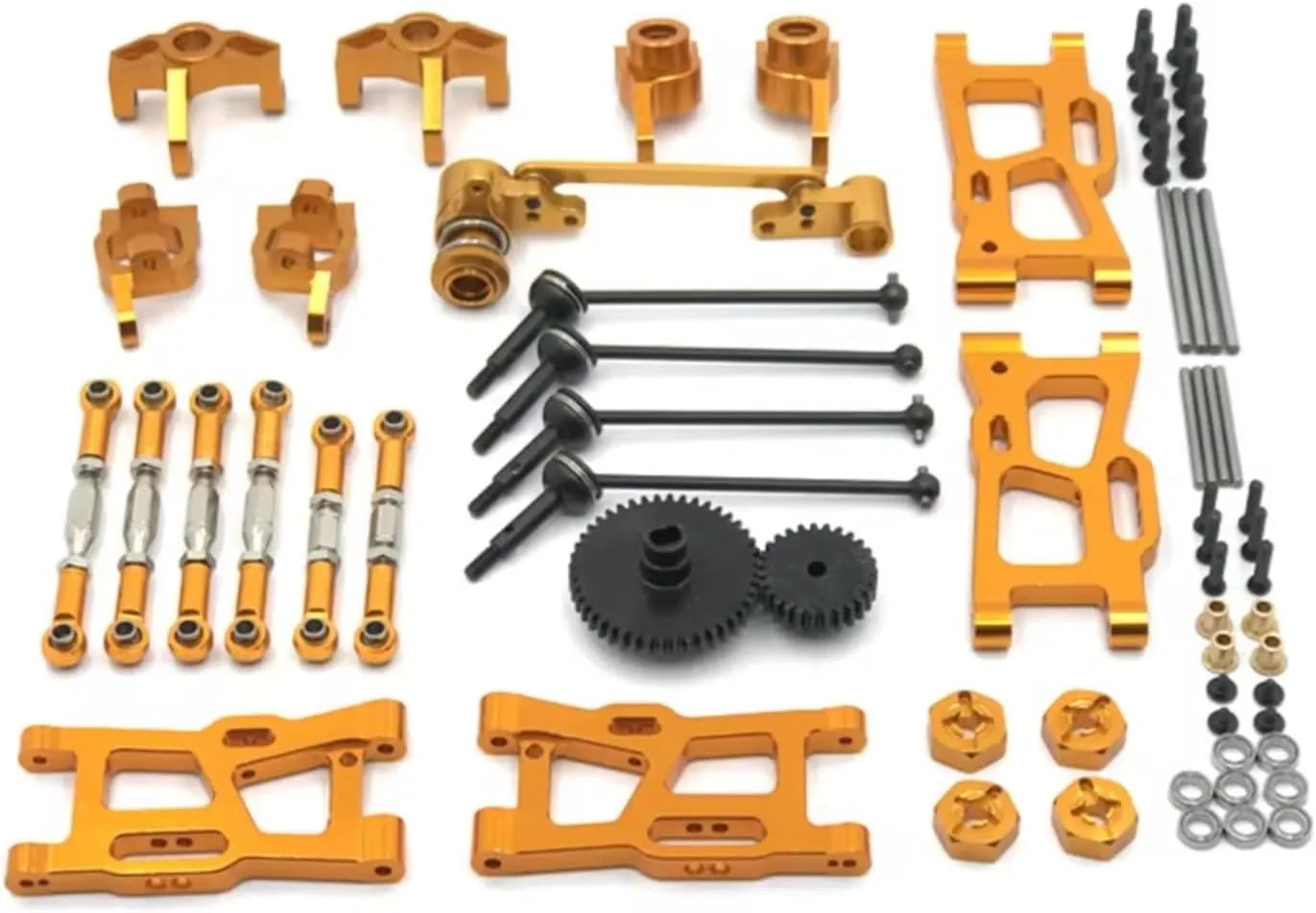 for WLtoys 124016 124017-18 144001 144010 Metal Upgrade Kit Drive Shaft Pull Rod for Swing Arm Steering Cup Gear RC Car Parts Replacement RC Car DIY Parts(Yellow)