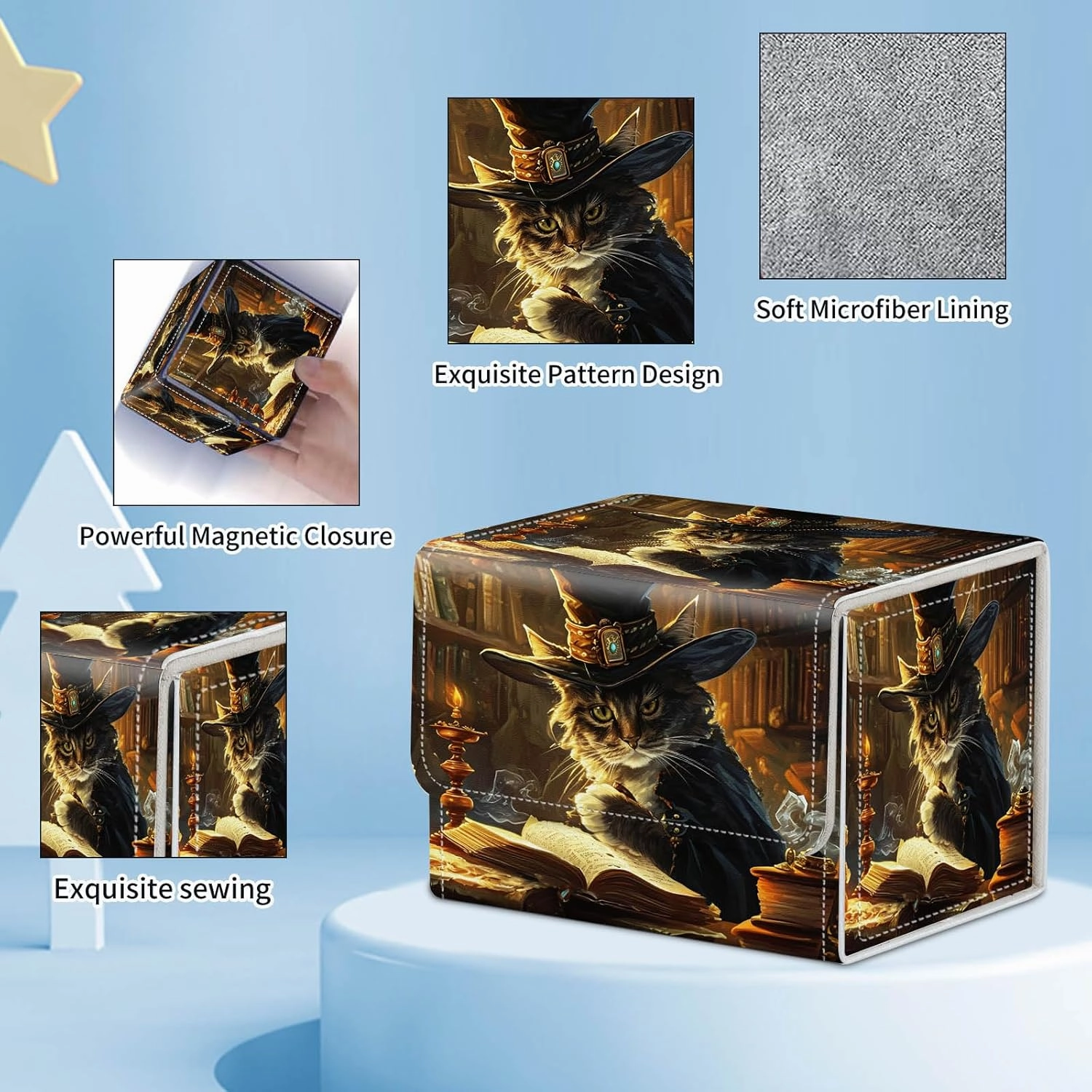 for MTG Commander Deck Box,Card Deck Box for Trading Yugioh MTG,Fits 100 Double Sleeved Cards,PU Leather Strong Magnet Case for Magic Commander TCG CCG,Captain Cat