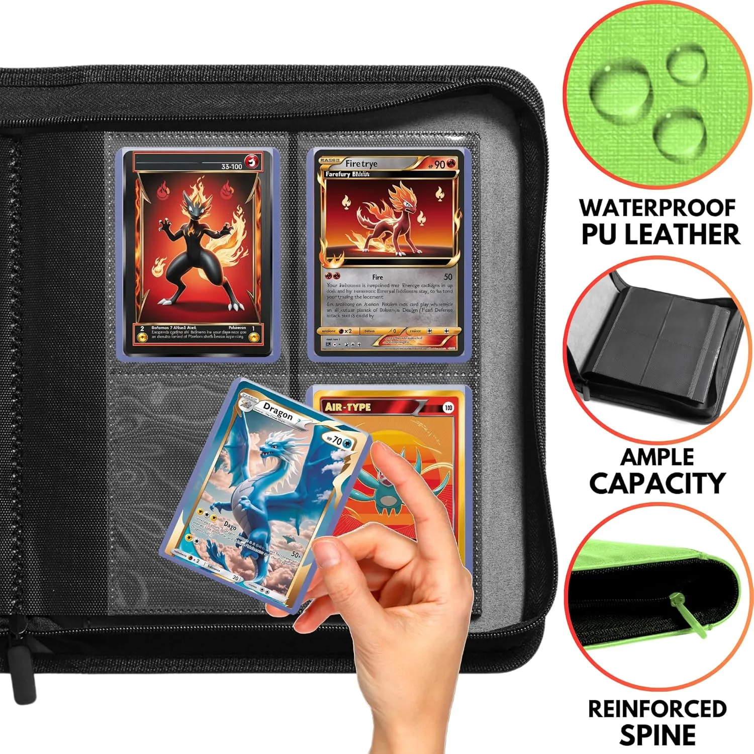FORZAROCKET 4 Pocket Toploader Binder, Holds 112 Top Loaders, 8 INCLUDED, Waterproof PU Leather, Archival Safe Pockets, Compatible with Sports, Trading Cards in 3"x4" Toploaders (Lime Green)