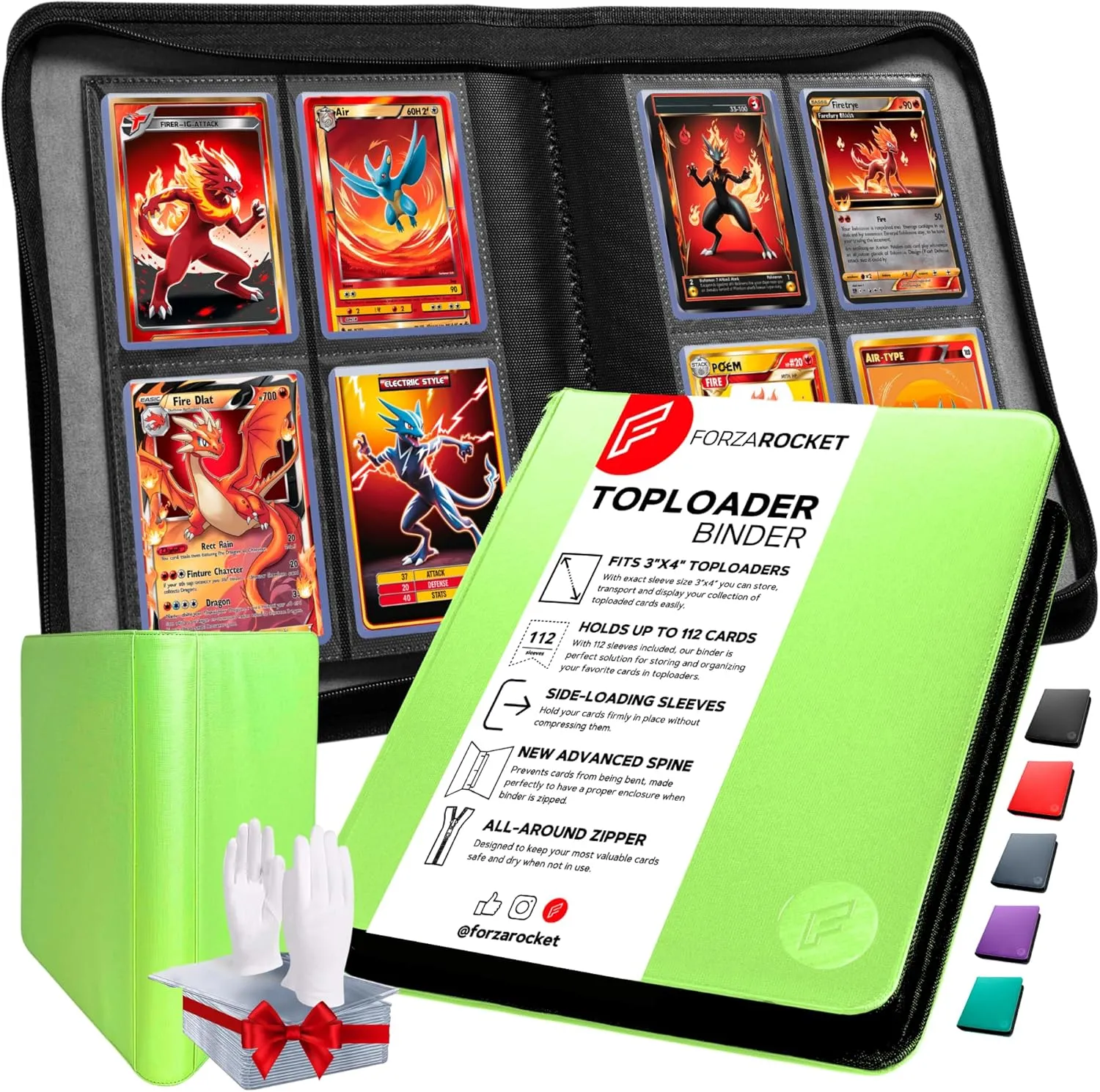 FORZAROCKET 4 Pocket Toploader Binder, Holds 112 Top Loaders, 8 INCLUDED, Waterproof PU Leather, Archival Safe Pockets, Compatible with Sports, Trading Cards in 3"x4" Toploaders (Lime Green)