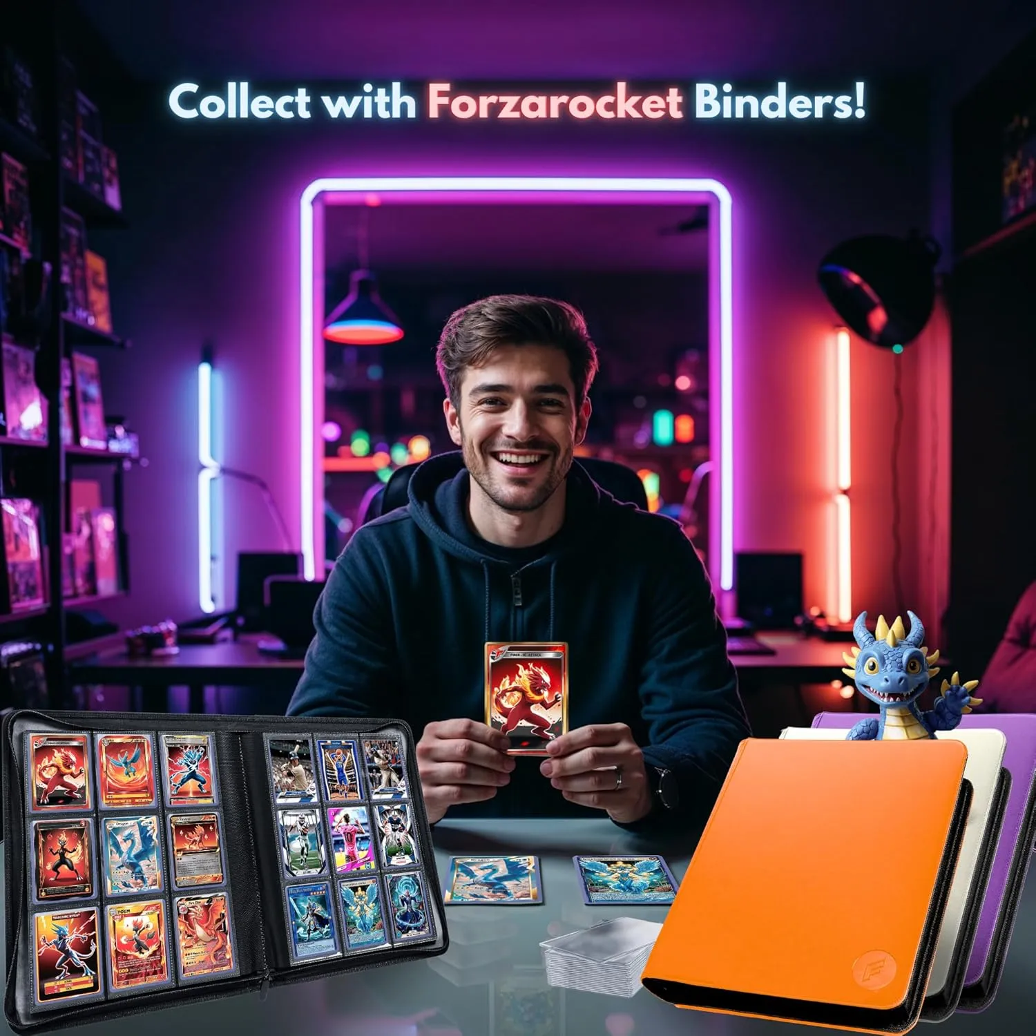FORZAROCKET Toploader Binder, Holds 252 Cards in Toploaders, 8 Included, Waterproof PU Leather, Ringless Double-Sided Pages, Archival Safe Pockets, Pleasurable Inner Lining (9 Pocket, Orange)
