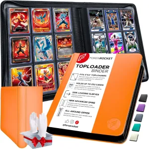 FORZAROCKET Toploader Binder, Holds 252 Cards in Toploaders, 8 Included, Waterproof PU Leather, Ringless Double-Sided Pages, Archival Safe Pockets, Pleasurable Inner Lining (9 Pocket, Orange)