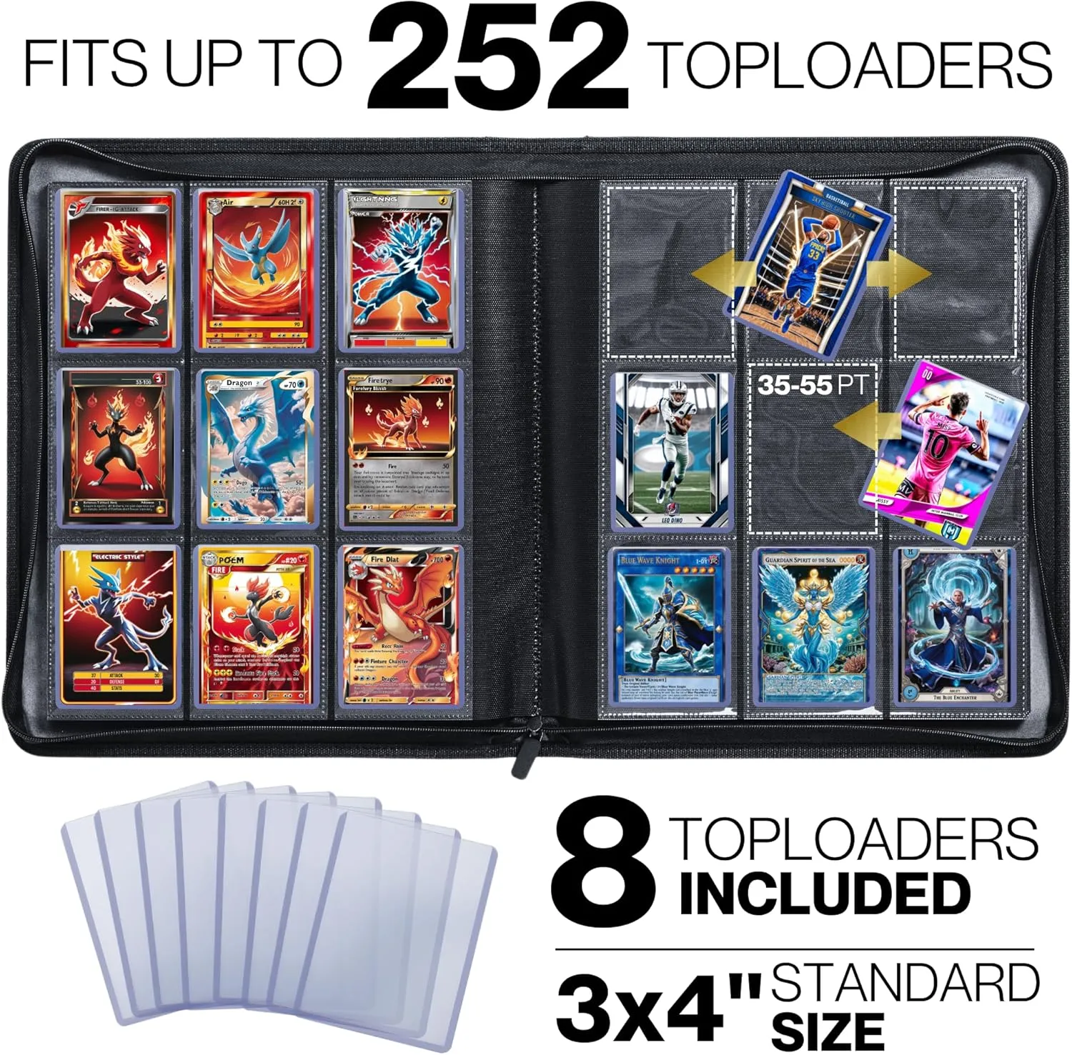 FORZAROCKET Toploader Binder, Holds 252 Cards in Toploaders, 8 Included, Waterproof PU Leather, Ringless Double-Sided Pages, Archival Safe Pockets, Pleasurable Inner Lining (9 Pocket, Orange)